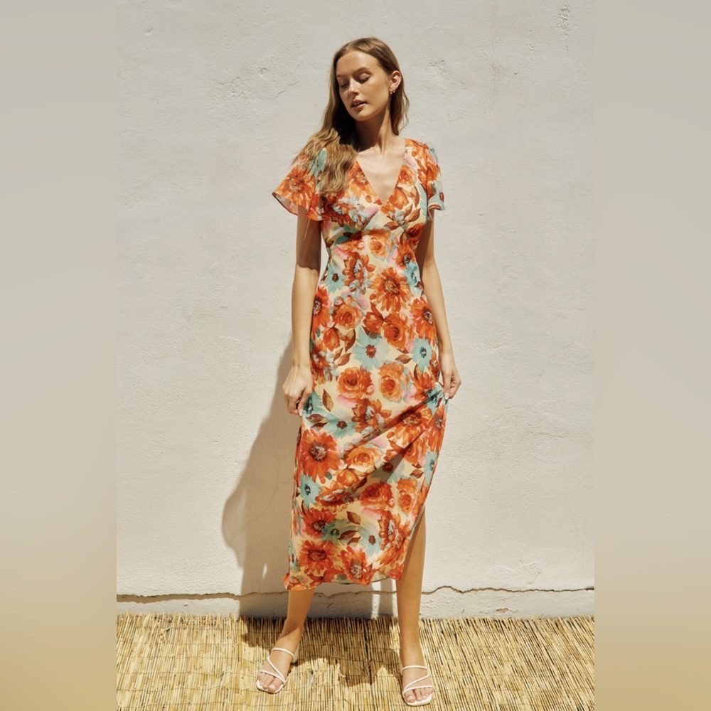 Elegant Floral Maxi Dress in Orange and Green